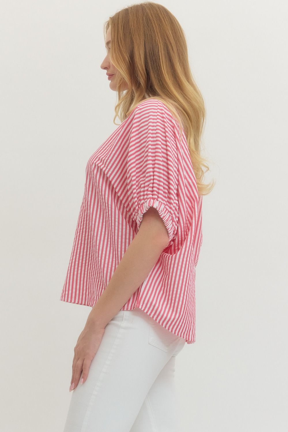 ENTRO INC Women's Top Striped Short Dolman Sleeve Top