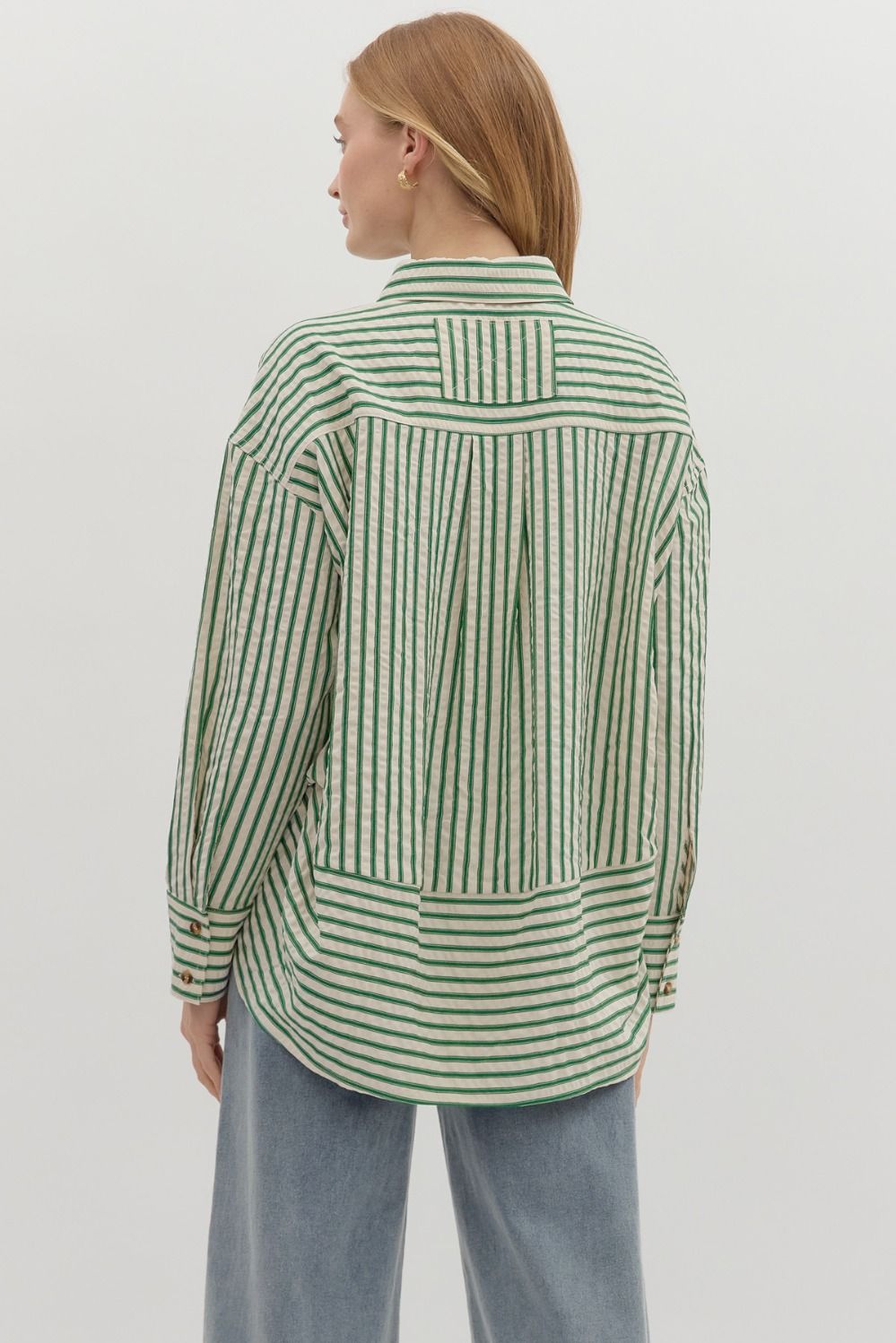 ENTRO INC Women's Top Textured Striped Long Sleeve Button Down Collar Shirt