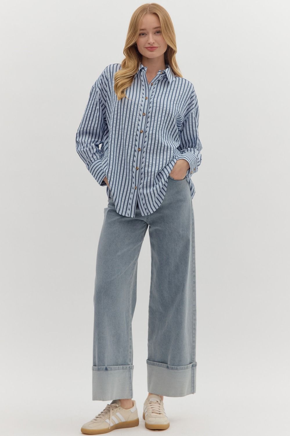 ENTRO INC Women's Top Textured Striped Long Sleeve Button Down Collar Shirt