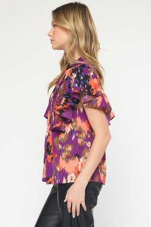 ENTRO INC Women's Top Watercolorprinted Pintuck Short Sleeve Top || David's Clothing