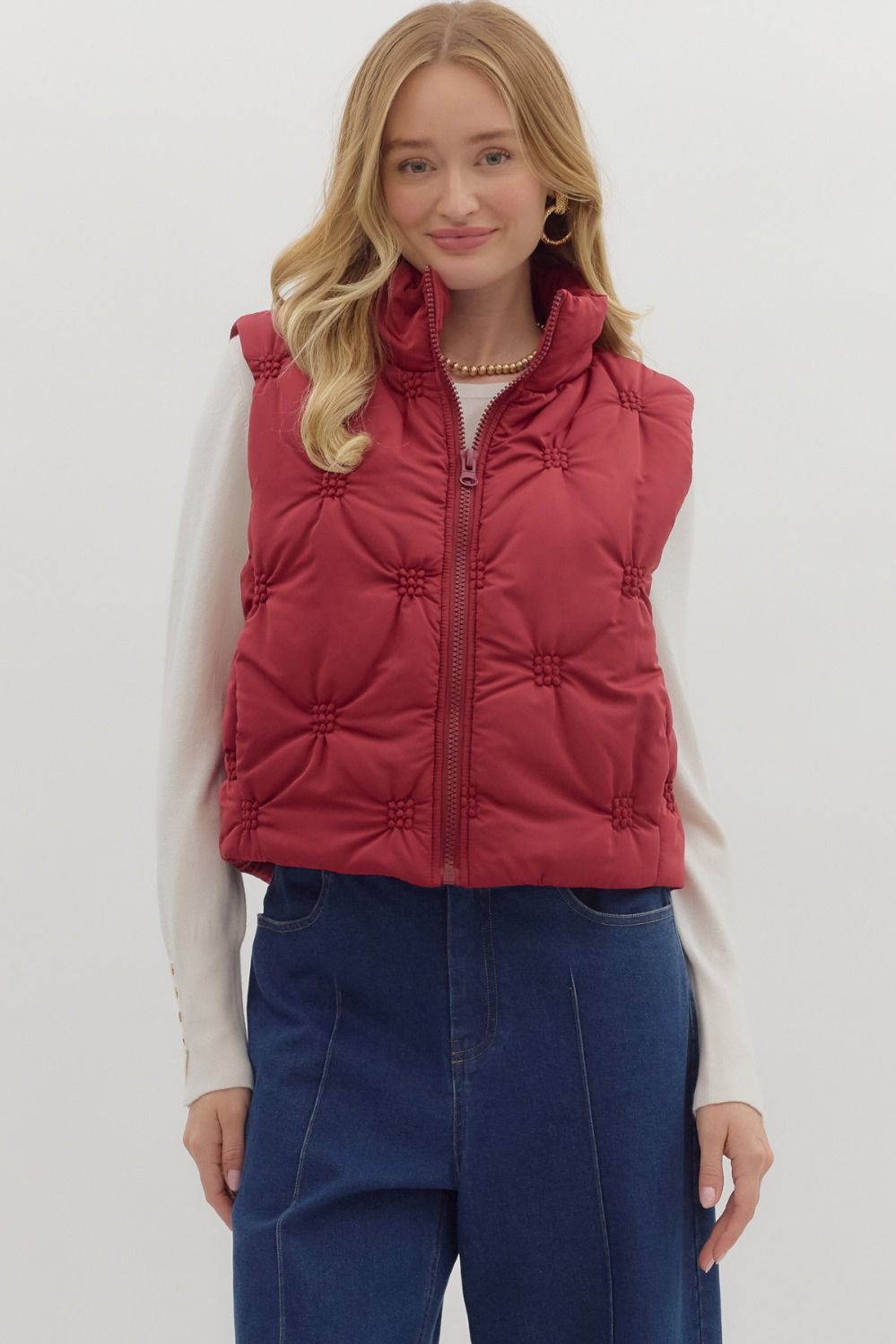 ENTRO INC Women's Vest BURGUNDY / S High Neck Sleeveless Zip-Front Quilted Puffer Vest J28120