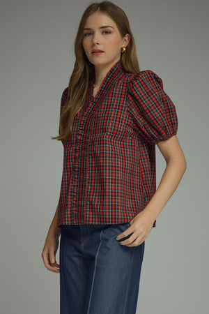 ENTRO INC Women's Woven Top Plaid Short Puff Sleeve Top