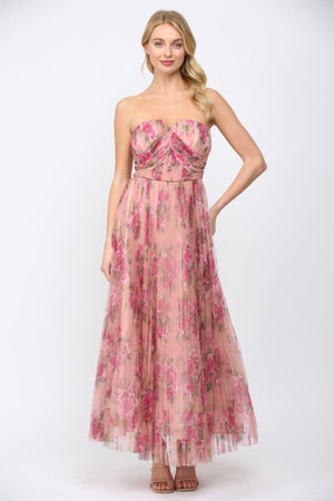 FATE BY LFD Women's Dresses Floral Print Mesh Pleated Maxi Dress