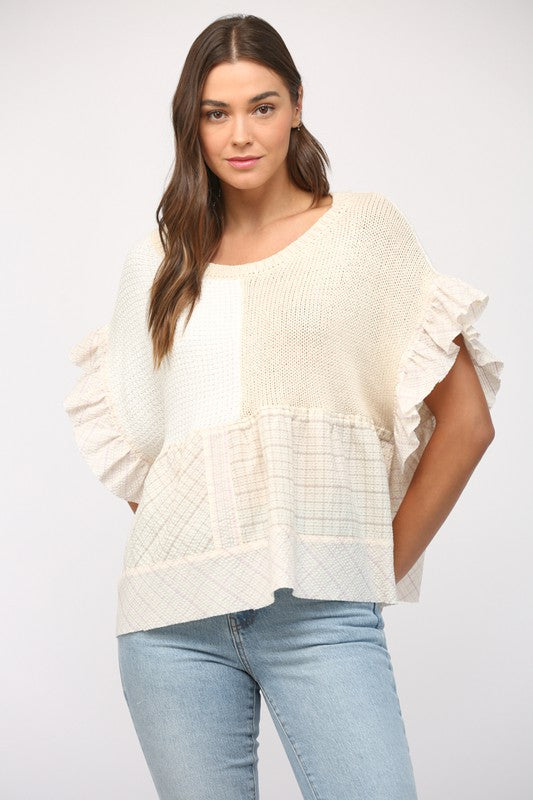 FATE BY LFD Women's Top Patchwork Flutter Sleeve Sweater || David's Clothing