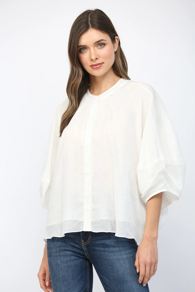 FATE BY LFD Women's Top Round Neckline Voluminous 3/4 Sleeve Linen Blouse