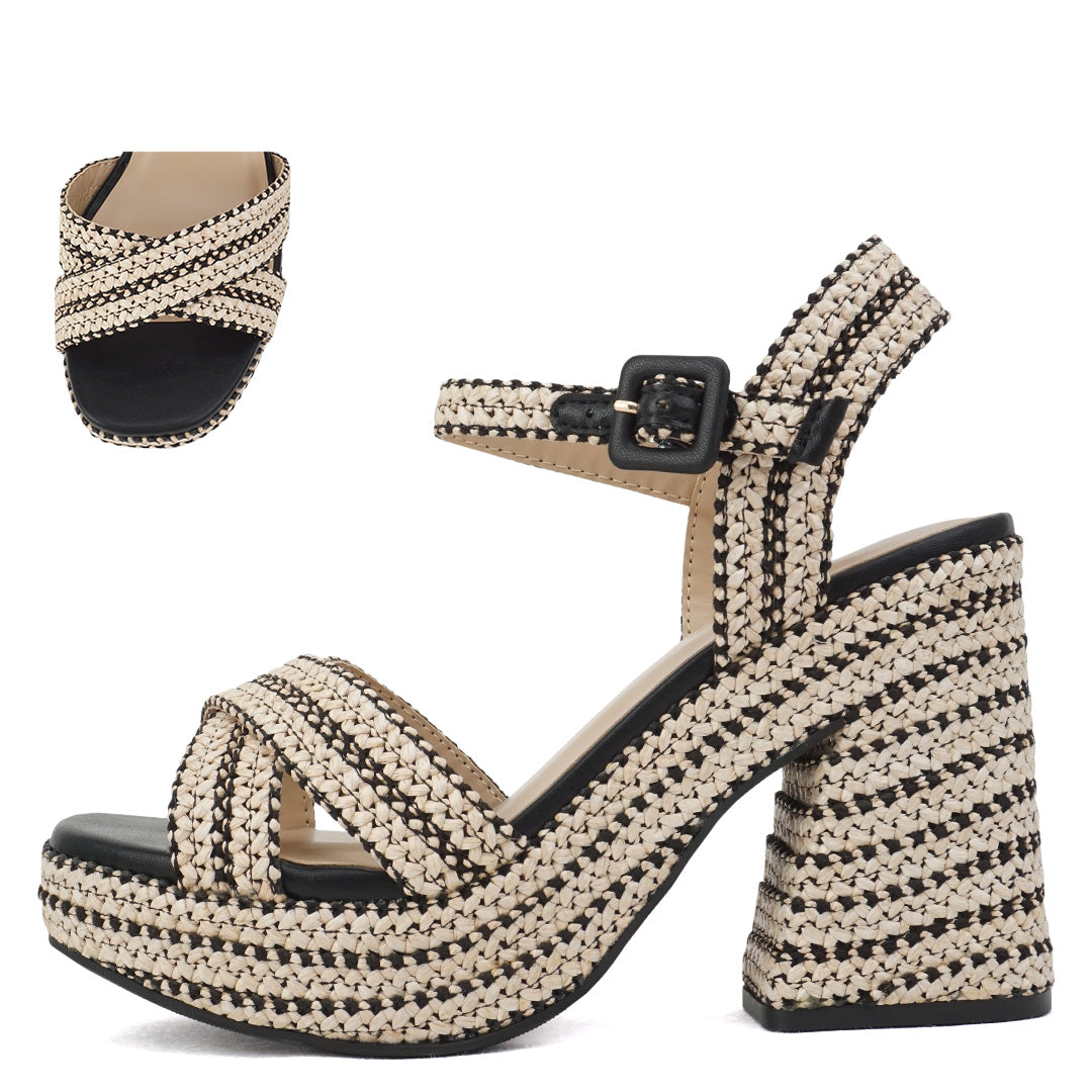 FORTUNE DYNAMIC Women's Shoes Yara Heel Rattan Natural Black by Soda