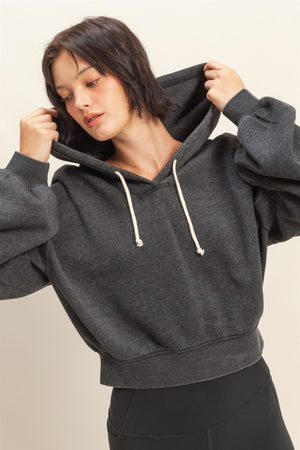 HYFVE INC. Women Jackets BLACK / S V-neck Drawstring Detail Long Sleeve Crop Hoodie DZ25E533