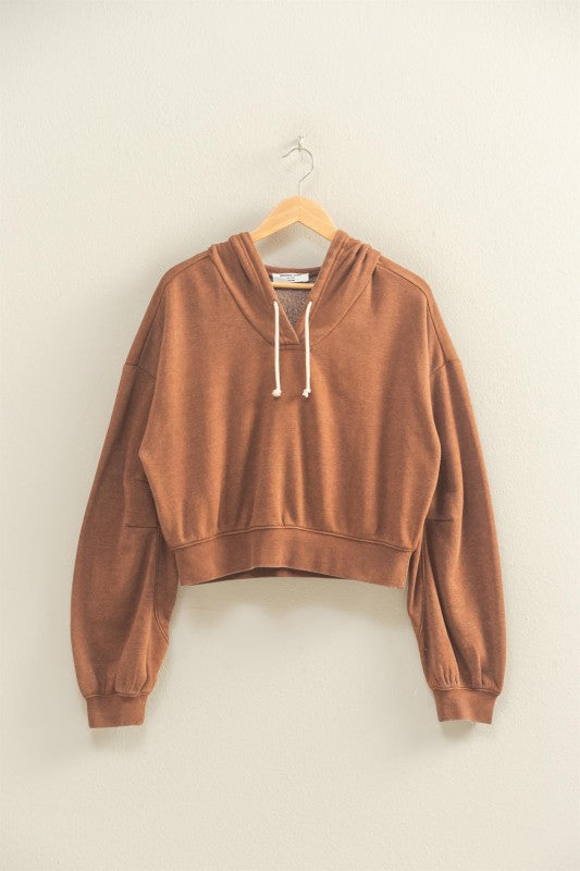 HYFVE INC. Women Jackets CHESTNUT / S V-neck Drawstring Detail Long Sleeve Crop Hoodie DZ25E533