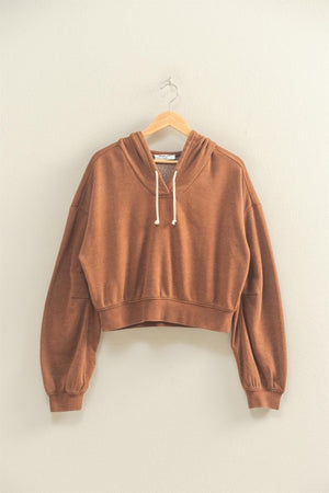 HYFVE INC. Women Jackets CHESTNUT / S V-neck Drawstring Detail Long Sleeve Crop Hoodie DZ25E533
