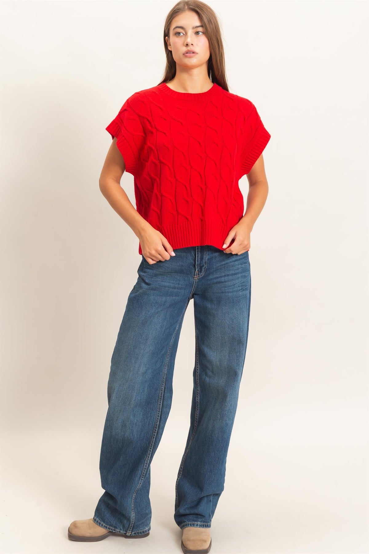 HYFVE INC. Women's Sweaters Cable Knit Cap Sleeve Sweater
