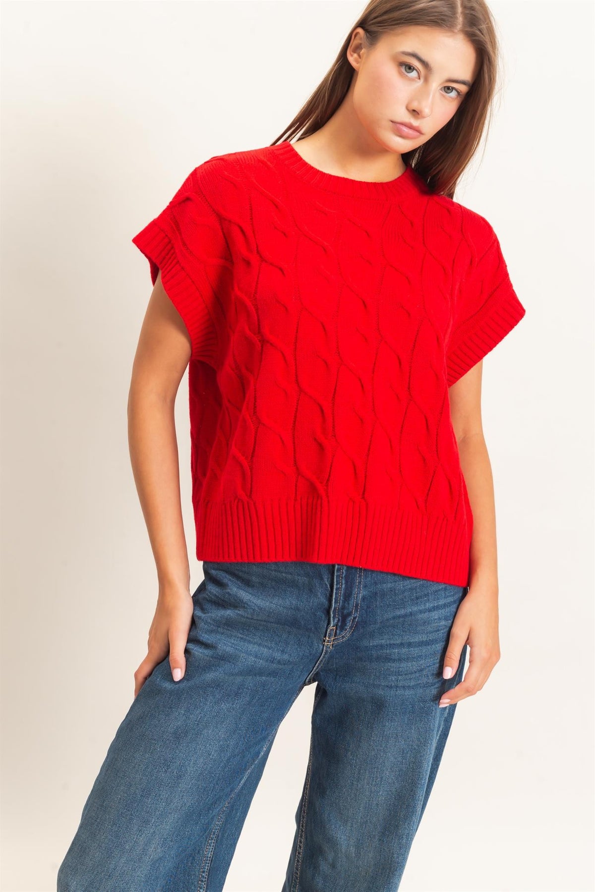 HYFVE INC. Women's Sweaters Cable Knit Cap Sleeve Sweater