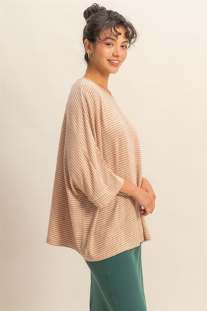 HYFVE INC. Women's Top Brushed Fabric Striped Oversized 3/4 Sleeve Top