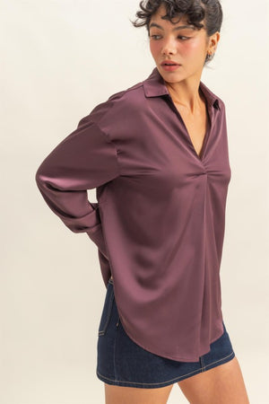HYFVE INC. Women's Top Collared V-neck Satin Blouse