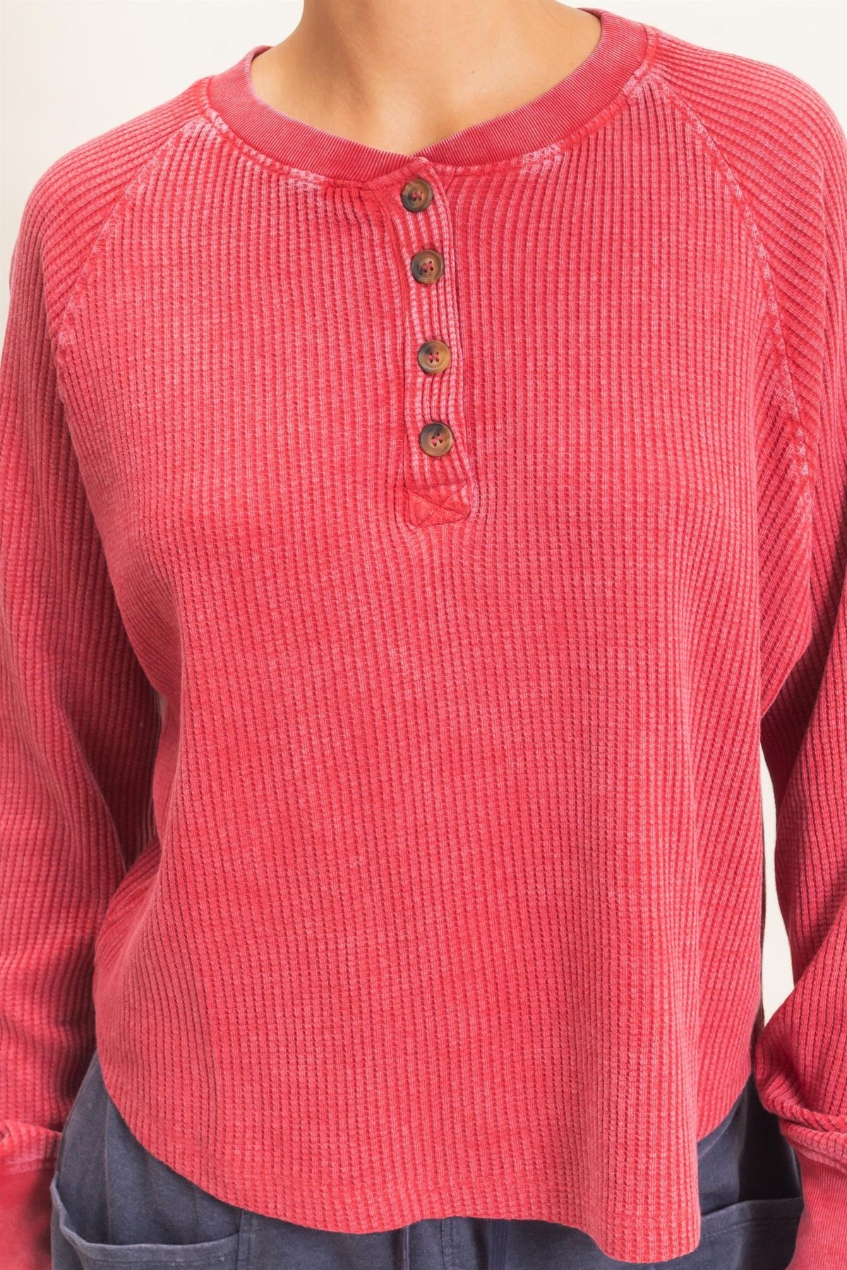 HYFVE INC. Women's Top Mineral Wash Waffle Knit Henley Top