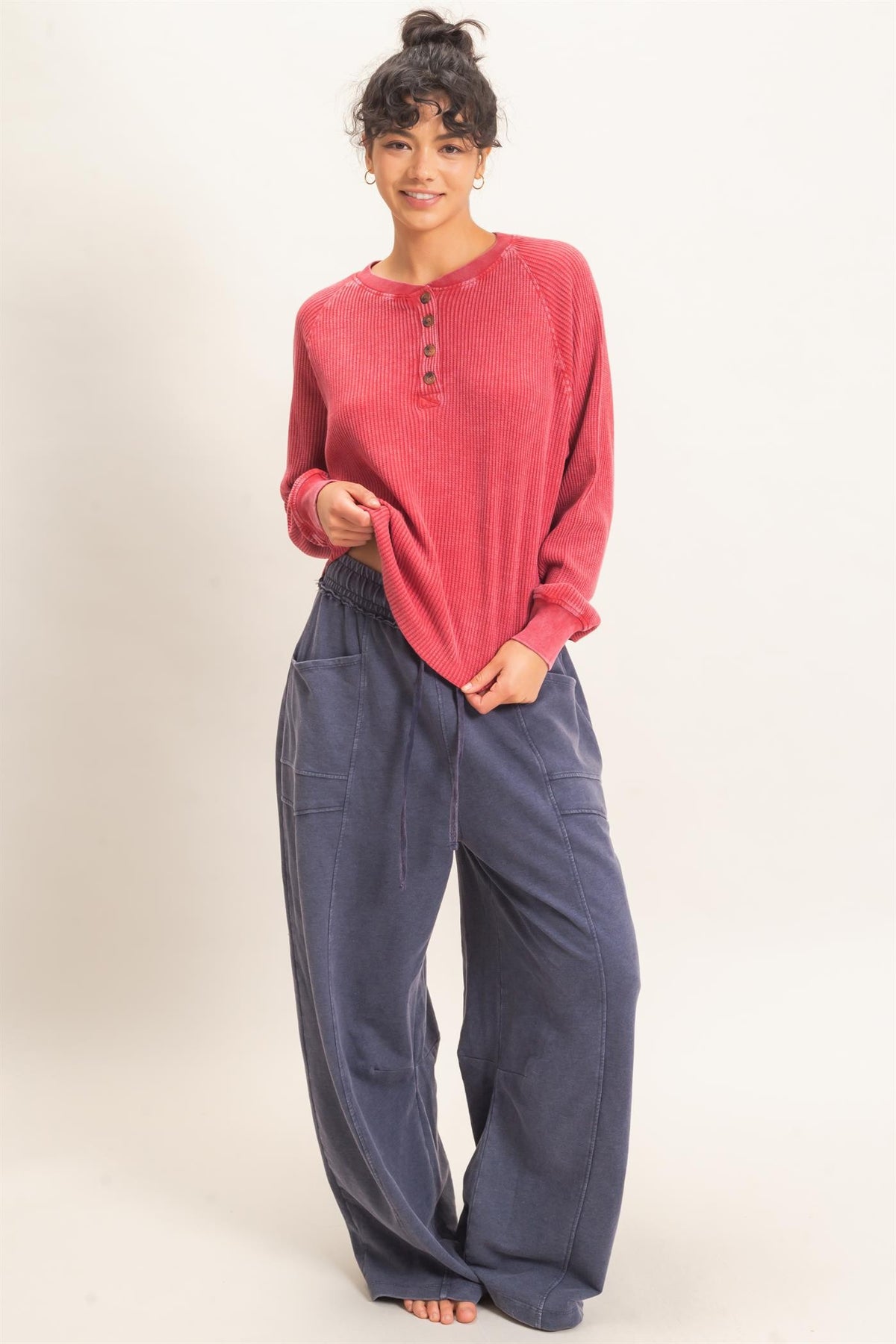 HYFVE INC. Women's Top Mineral Wash Waffle Knit Henley Top