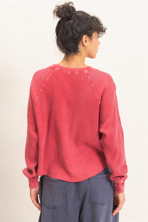 HYFVE INC. Women's Top Mineral Wash Waffle Knit Henley Top