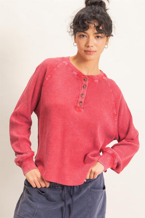 HYFVE INC. Women's Top Mineral Wash Waffle Knit Henley Top