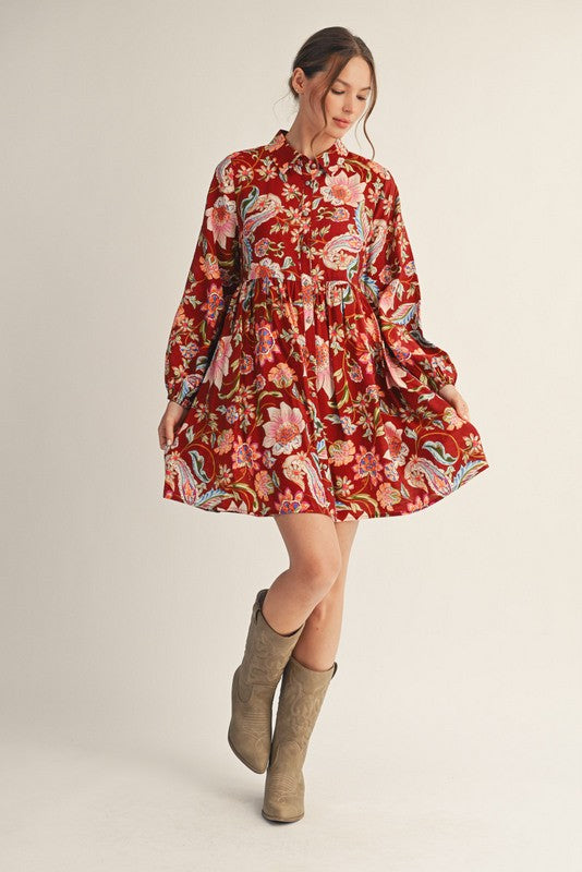 JODIFL Women's Dresses Button Down Floral Paisley Babydoll Dress || David's Clothing