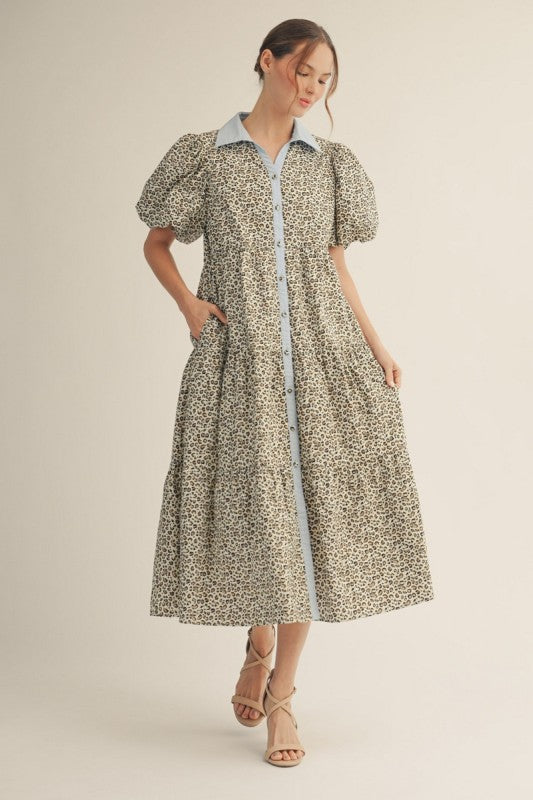 JODIFL Women's Dresses Button Down Tiered Leopard Midi Dress