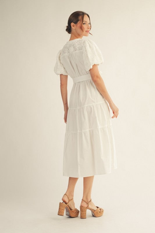 JODIFL Women's Dresses Eyelet Lace Contrast Solid Midi Dress