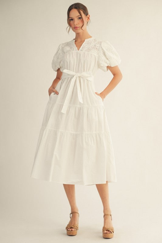 JODIFL Women's Dresses Eyelet Lace Contrast Solid Midi Dress