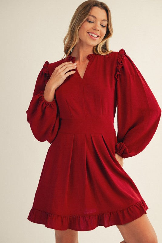 JODIFL Women's Dresses BURGUNDY / S Ruffle Detail Front Pleated Solid Dress || David's Clothing G14767