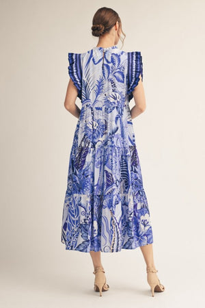 JODIFL Women's Dresses Ruffle Sleeves Boho Tropical Midi Dress