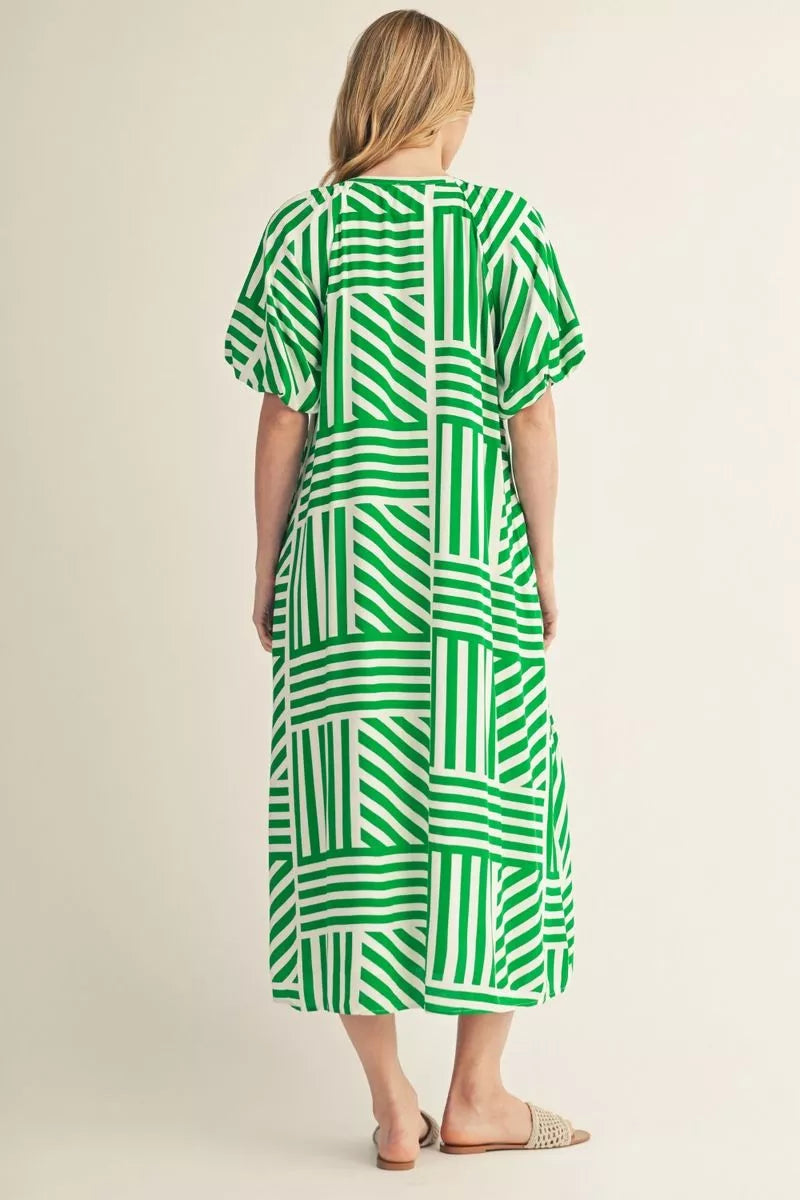 JODIFL Women's Dresses Short Puff Sleeves Geo Stripe Midi Dress