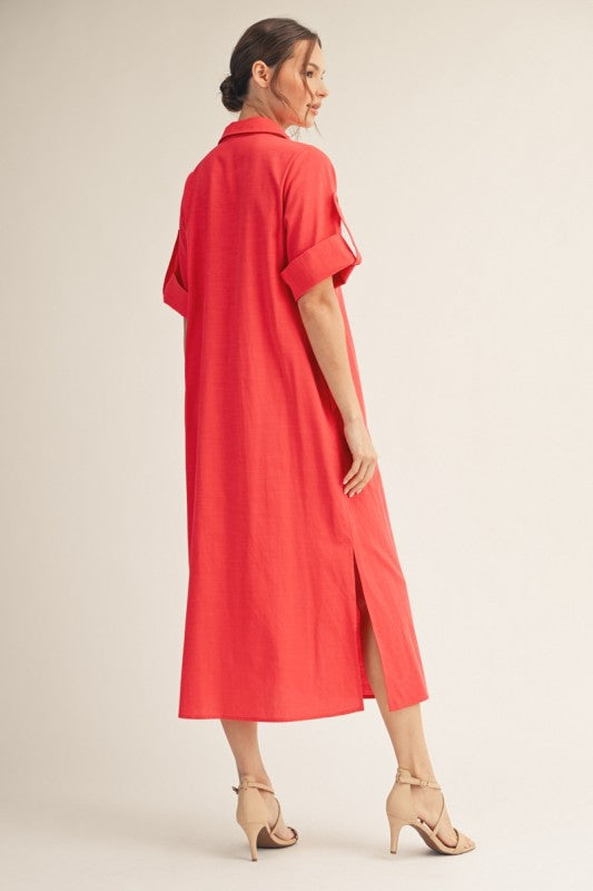 JODIFL Women's Dresses Side Slit Detail Button Down Woven Midi Dress