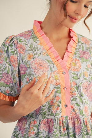 JODIFL Women's Dresses Solid Contrast Detail Tiered Floral Dress