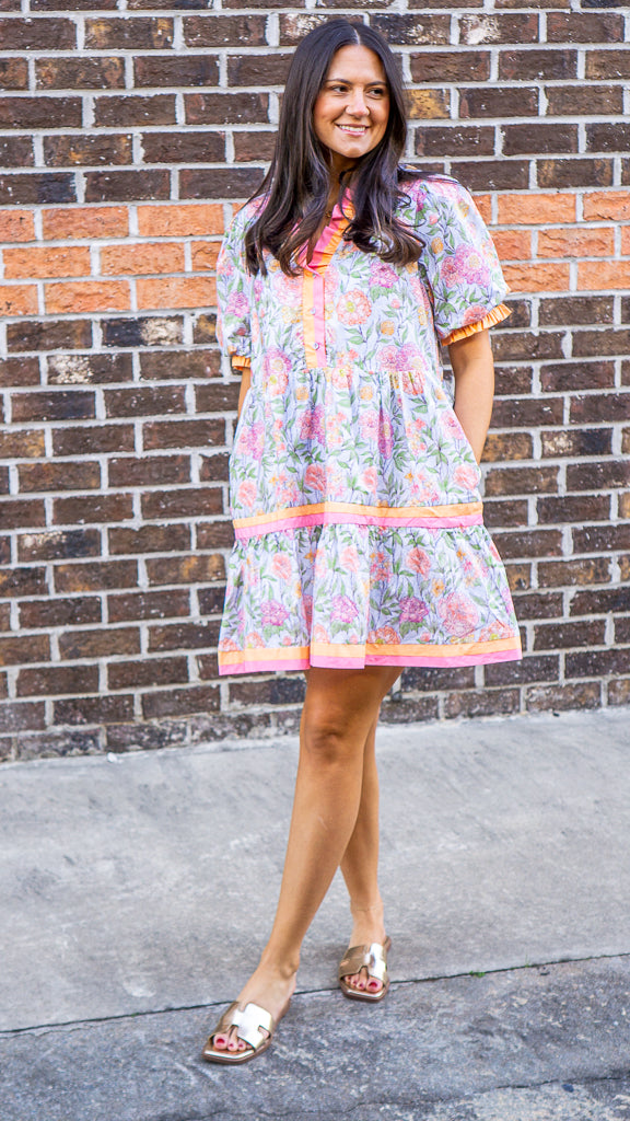 JODIFL Women's Dresses Solid Contrast Detail Tiered Floral Dress