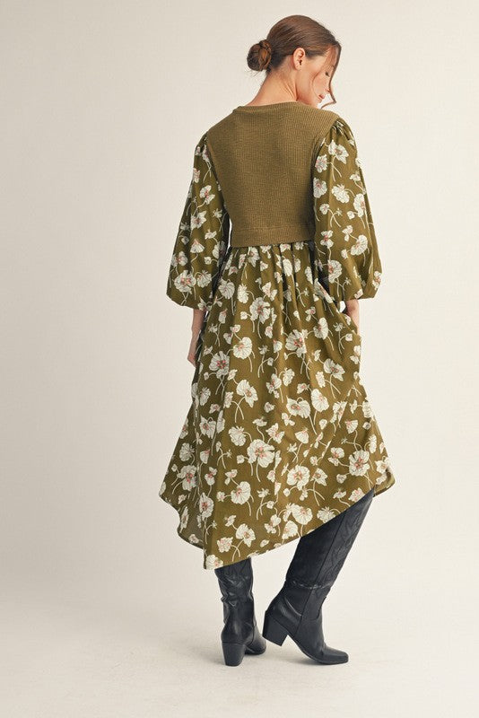 JODIFL Women's Dresses Solid Rib Knit Contrast Floral Midi Dress || David's Clothing