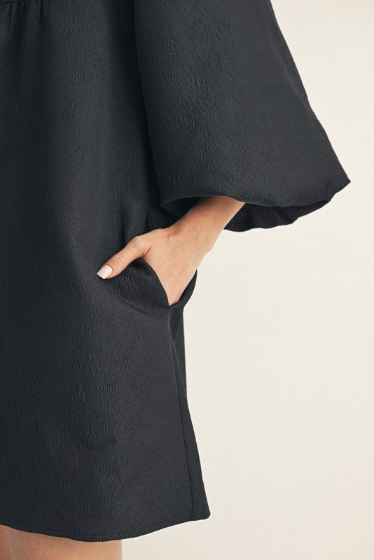 JODIFL Women's Dresses Solid Textured Balloon Sleeves Babydoll Dress