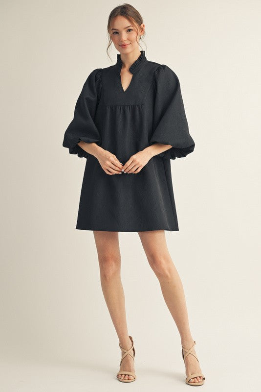 JODIFL Women's Dresses Solid Textured Balloon Sleeves Babydoll Dress