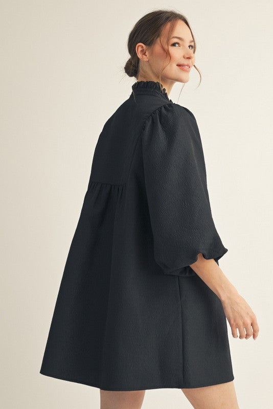 JODIFL Women's Dresses Solid Textured Balloon Sleeves Babydoll Dress