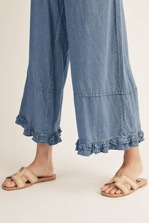 JODIFL Women's Pants Ruffle Hem Detail Washed Denim Pants