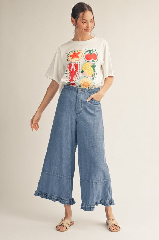 JODIFL Women's Pants Ruffle Hem Detail Washed Denim Pants