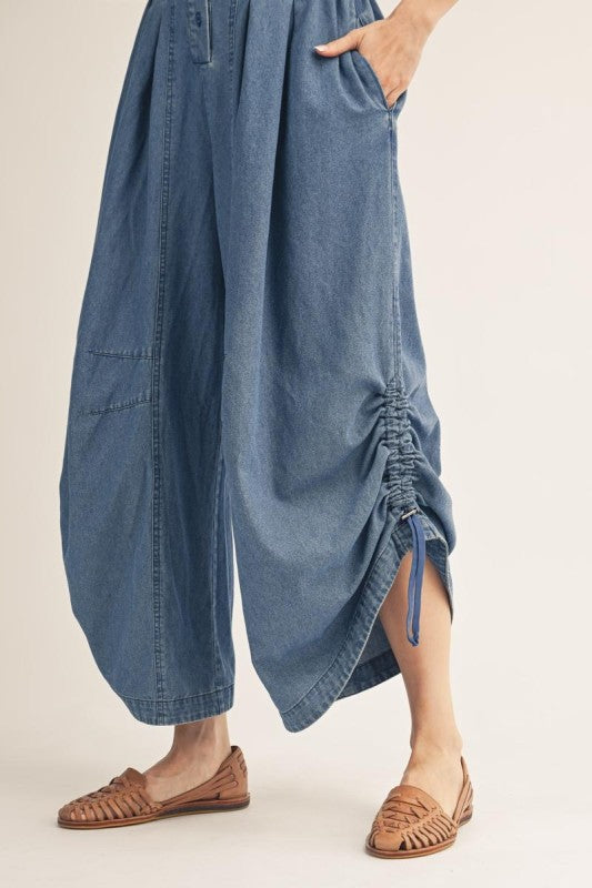 JODIFL Women's Pants Side Drawstring Hem Detail Washed Denim Jumpsuit