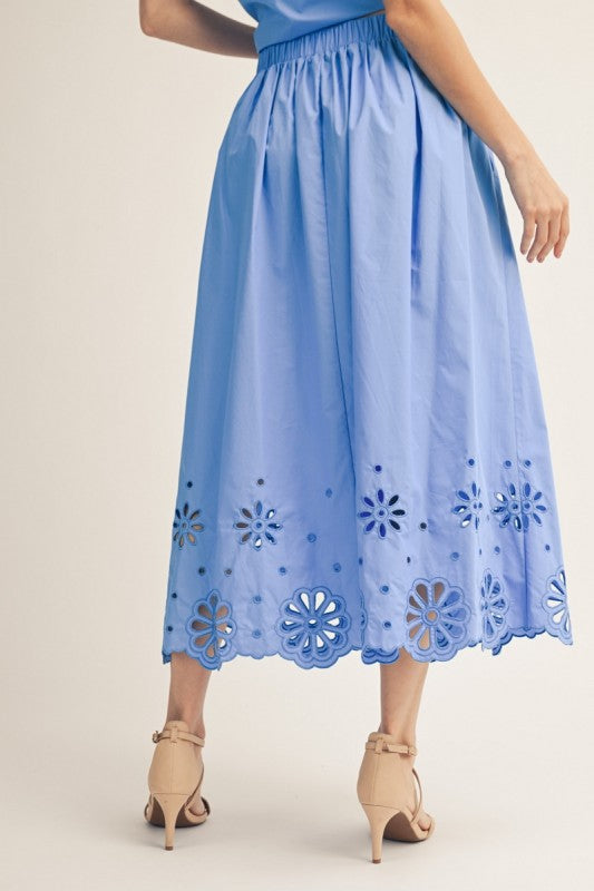 JODIFL Women's Skirts Elastic Waist Eyelet Midi Skirt