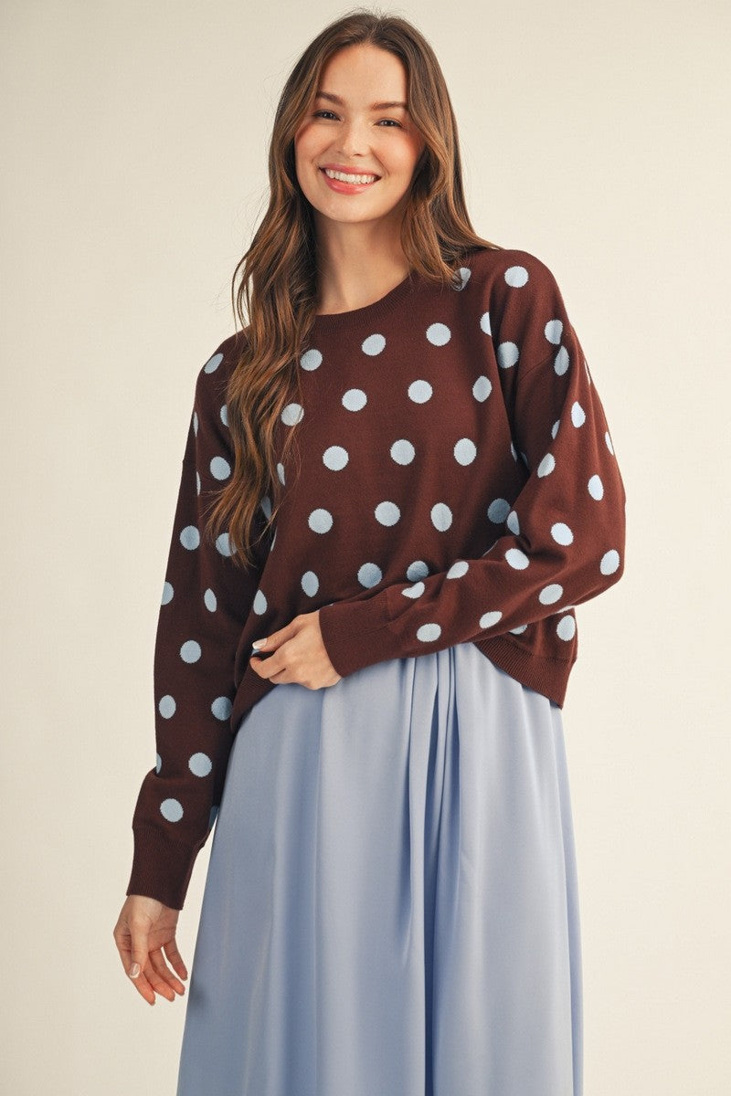 JODIFL Women's Sweaters Drop Shoulder Knot Detail Polka Dot Sweater Top