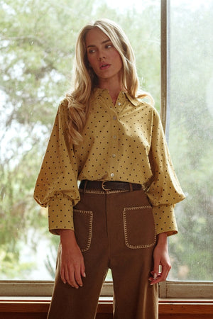 JODIFL Women's Top Bishop Sleeves Button Down Polka Dot Top
