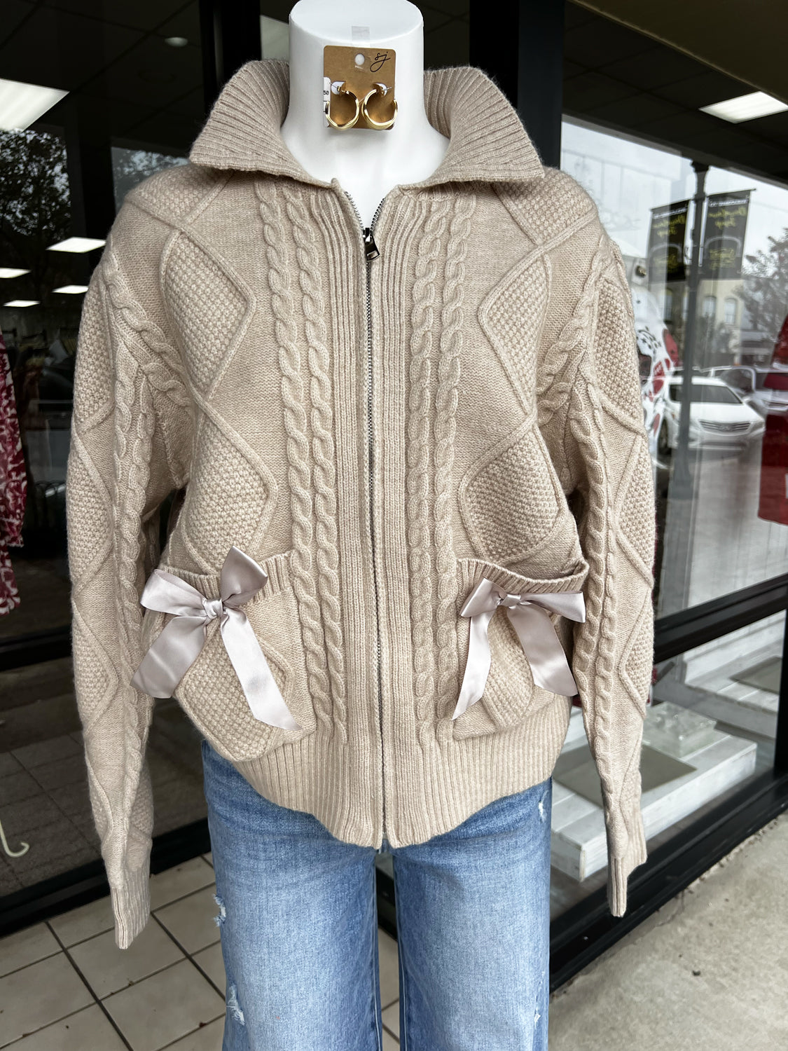 JODIFL Women's Top Bow Accent Cable Knit Sweater Cardigan