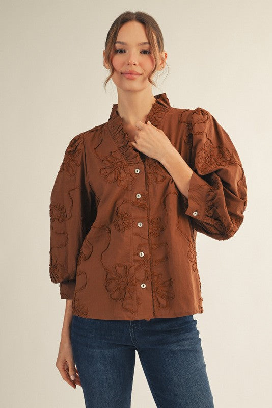 JODIFL Women's Top BROWN / S Button Down 3d Floral Top H12376