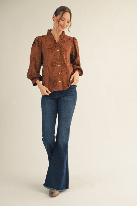 JODIFL Women's Top Button Down 3d Floral Top