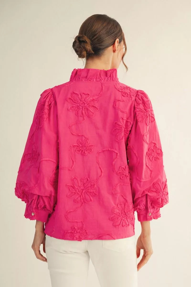 JODIFL Women's Top BUBBLEGU / S Button Down 3d Floral Top H12376