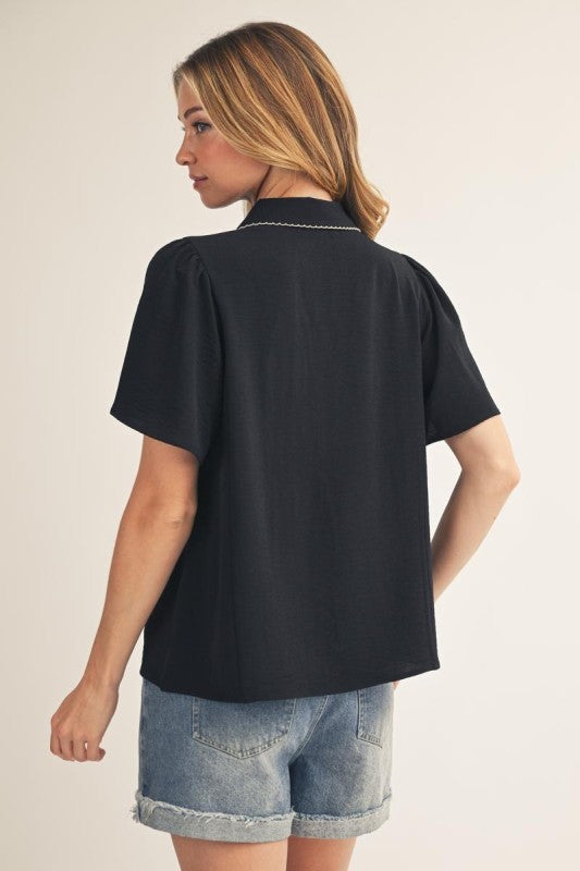 JODIFL Women's Top Embroidered Scallop Edge Accent Crinkle Top
