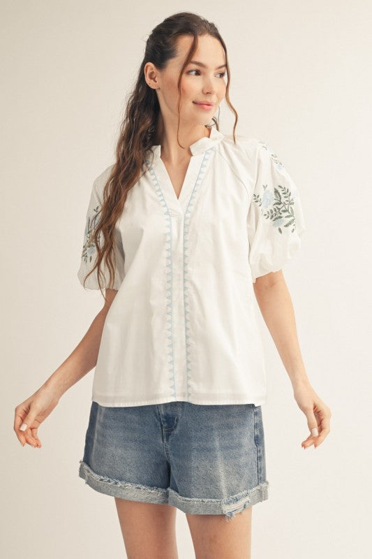 JODIFL Women's Top Embroidery Detail Woven Solid Top