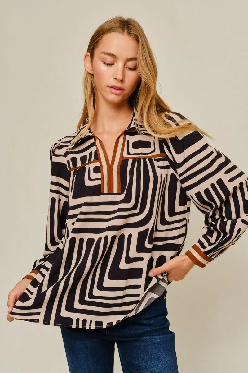 JODIFL Women's Top Geo Print Long Sleeve Top
