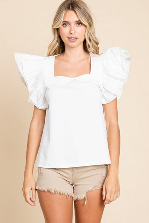 JODIFL Women's Top OFFWHITE / S Solid Ruffled Layer Shoulder Top || David's Clothing G11050