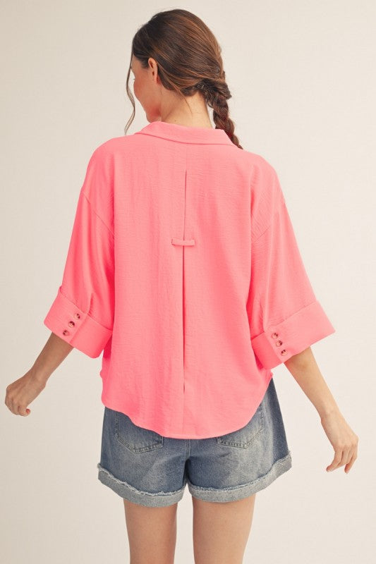 JODIFL Women's Top Pleat Back Detail Button Down Crinkle Top